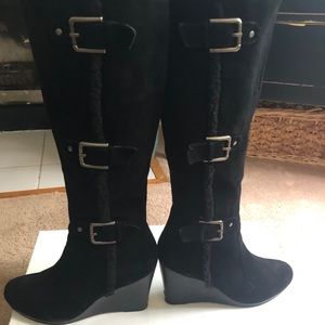 Tall Black Wedge Suede Boots W Fur Lining size 9